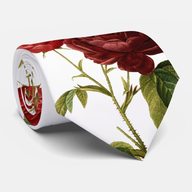 Deep red vintage roses painting neck tie (Rolled)