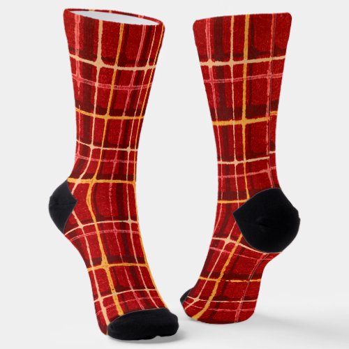 Deep Red Vintage Style Plaid Stripe Fun Socks