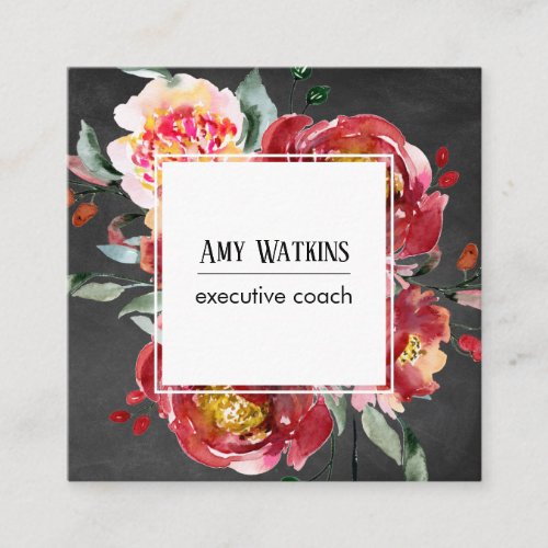 Deep Red Watercolor Flowers Chalkboard Background Square Business Card