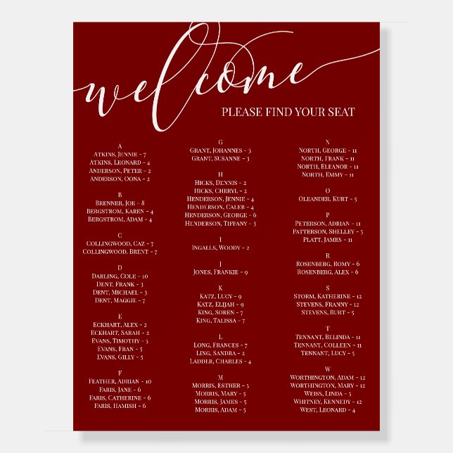 Deep Red Welcome Seating Chart Any Event Foam Board (Front)