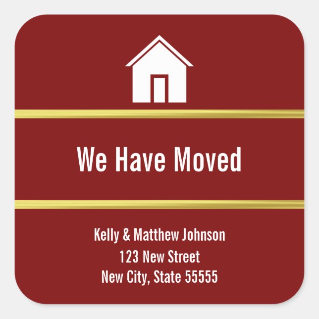 Deep Red White and Faux Gold Moving Announcement Square Sticker (Front)