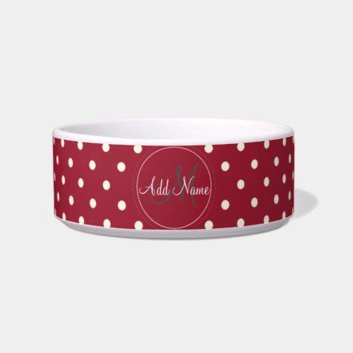 Deep Red  White Polka Dots Custom Name Monogram Bowl