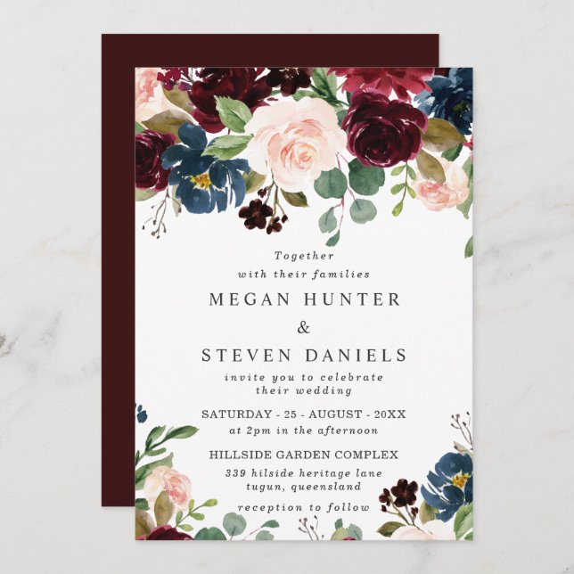 Deep Red Wine Burgundy Blush Navy Wedding Invitation (Front/Back)