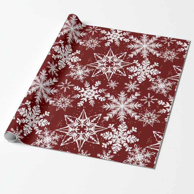 Deep Red Winter Wonderland Snowflake Pattern Wrapping Paper (Unrolled)