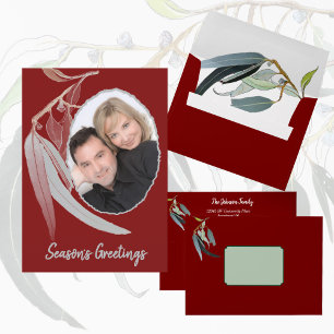 Deep Red with soft leaves minimal couple Christmas Holiday Card