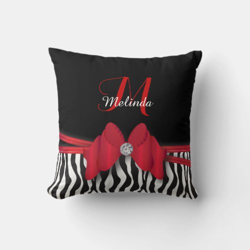 Deep Red Zebra Striped Bowed  Personalized Throw Pillow