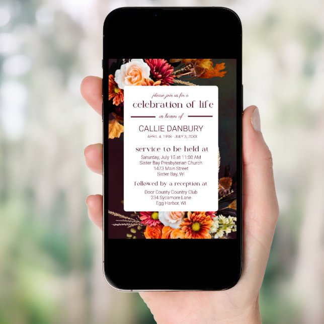 Deep Rich Florals Funeral Celebration of Life Invitation (Front Digital)