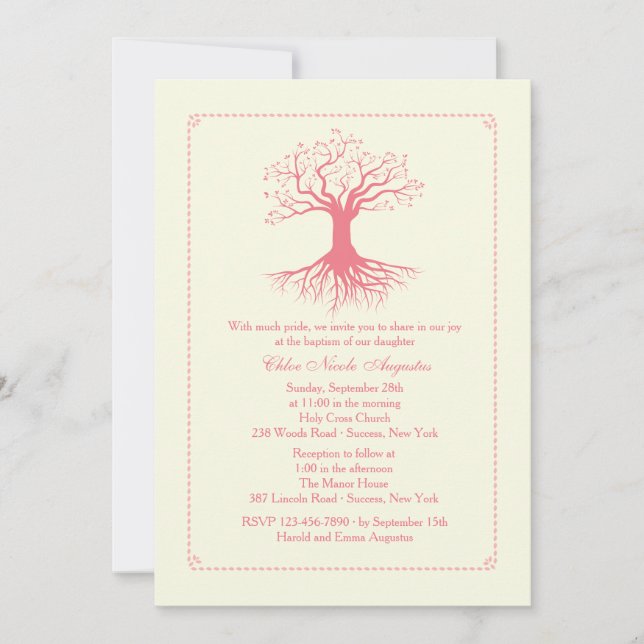 Deep Rooted Pink Baptism Invitation (Front)