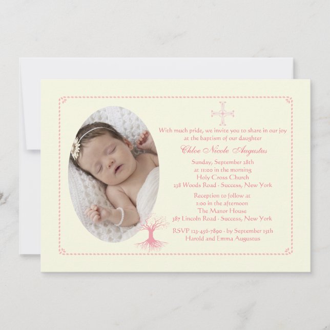 Deep Rooted Pink Baptism Photo Invitation (Front)