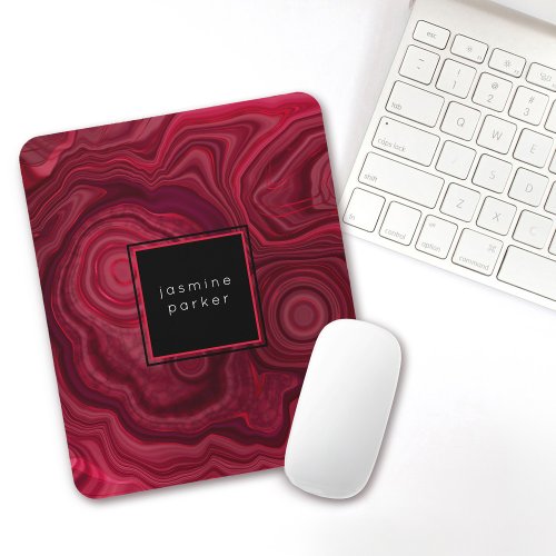 Deep Rose Abstract Agate Marbled Pattern with Name Mouse Pad