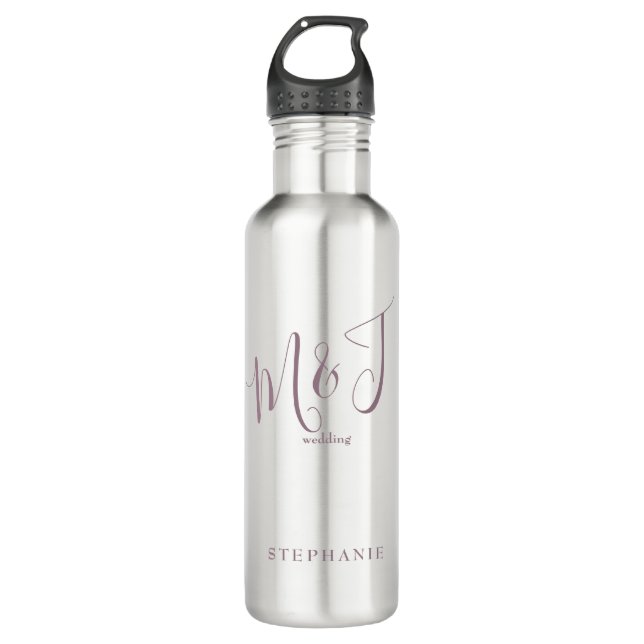 Deep Rose Initials & Name Wedding   Stainless Steel Water Bottle (Front)