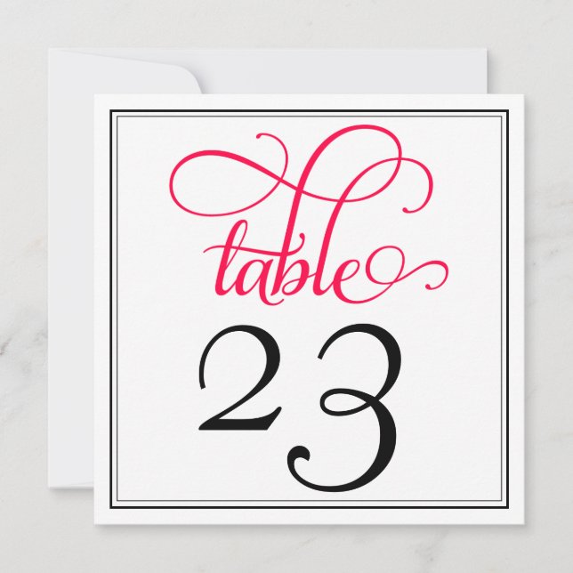 Deep Rose Pink Curly Script Table Number (Front)