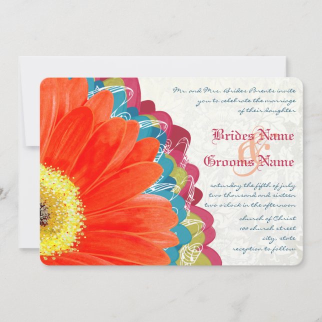 Deep Rose Teal Neo Mint Green Gerber Wedding Invitation (Front)