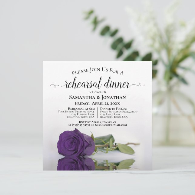 Deep Royal Purple Rose Wedding Rehearsal & Dinner Invitation (Standing Front)
