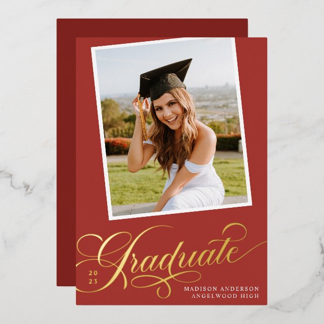 Deep Rust and Gold Foil Graduation Announcement (Front/Back)