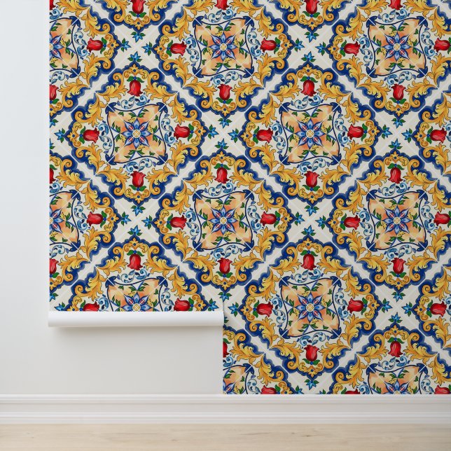 Deep Saffron Red Floral Sicilian Majolica Tile Wallpaper (Application)