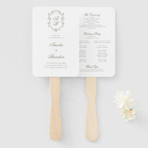 Deep Sage Green Monogram Crest Wedding Program Hand Fan