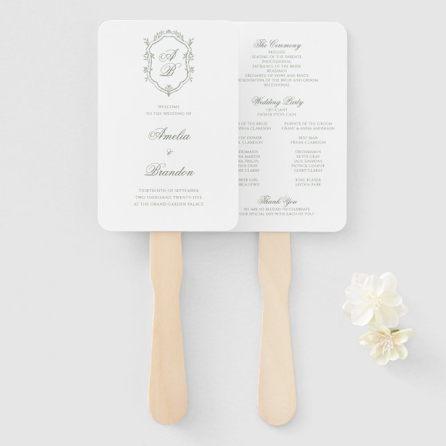 Deep Sage Green Monogram Crest Wedding Program Hand Fan (Front and Back)