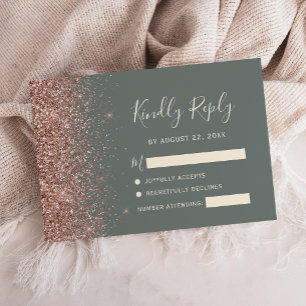 Deep Sage Green Rose Gold Glitter Edge RSVP Card