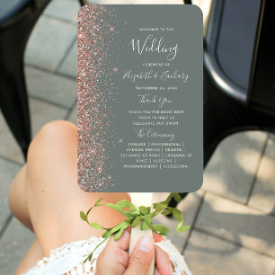Deep Sage Green Rose Gold Glitter Wedding Program Hand Fan