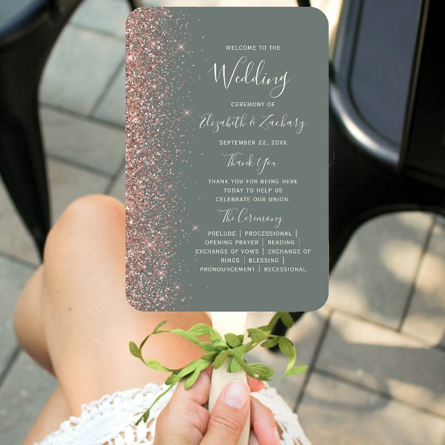 Deep Sage Green Rose Gold Glitter Wedding Program Hand Fan (Creator Uploaded)