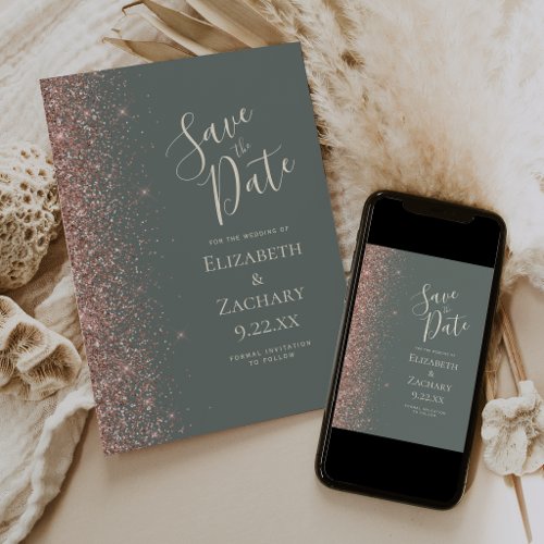 Deep Sage Green Rose Gold Save the Date Announcement