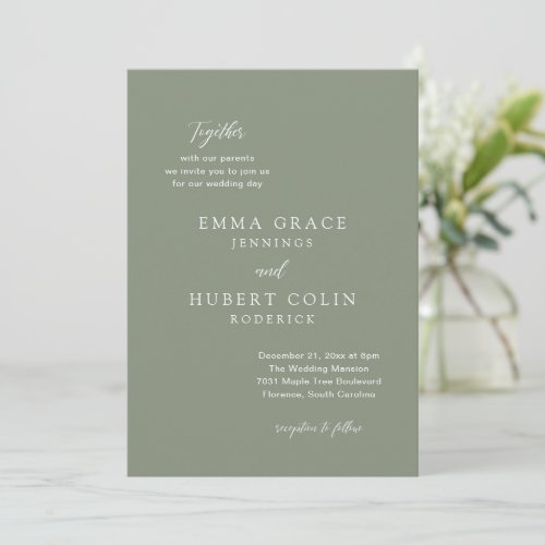 Deep Sage Green Typographic Modern Elegant Wedding Invitation