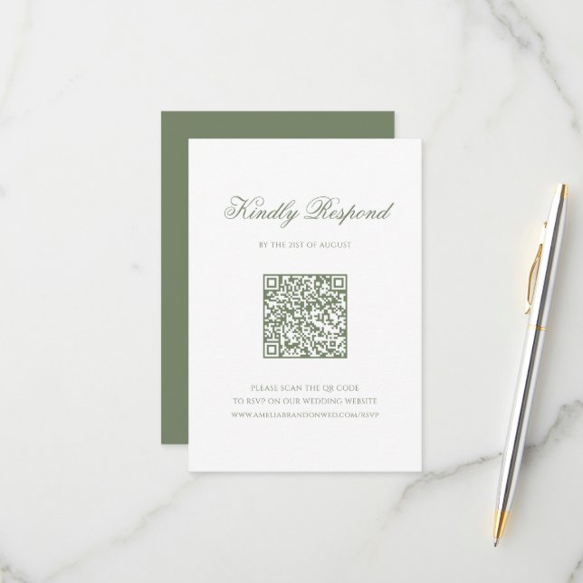 Deep Sage Green & White Leaf Crest QR Code Wedding RSVP Card (Front/Back In Situ)