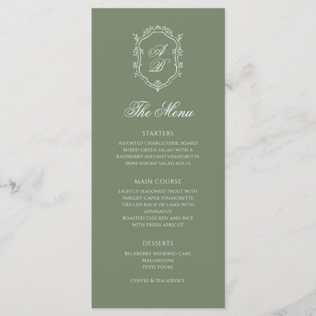 Deep Sage Green & White Monogram Crest Wedding Menu (Front)
