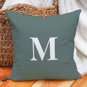 Deep Sage Green White Monogram Throw Pillow