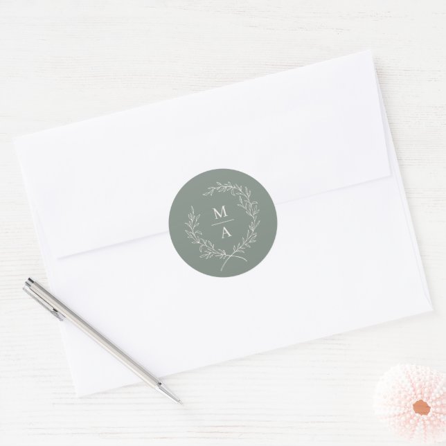 Deep Sage Simple Elegant Laurel Wreath Monogram Cl Classic Round Sticker (Envelope)