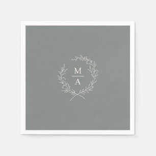 Deep Sage Simple Elegant Laurel Wreath Monogram Napkins
