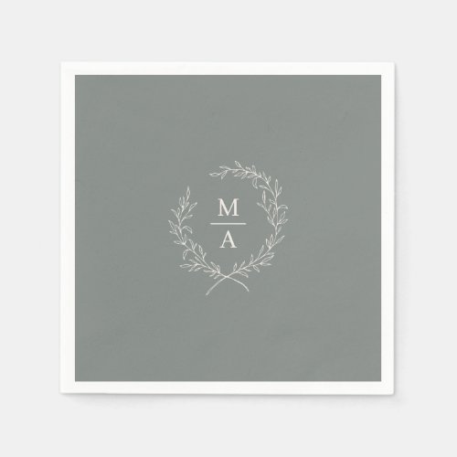 Deep Sage Simple Elegant Laurel Wreath Monogram Napkins