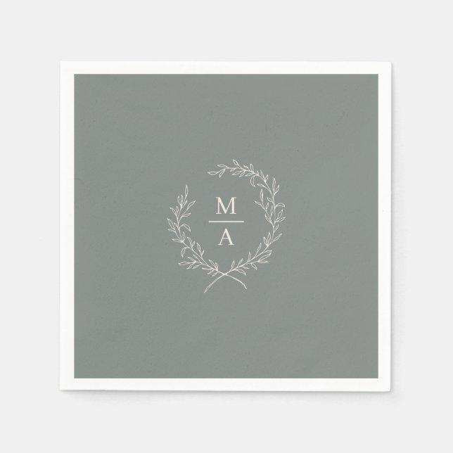 Deep Sage Simple Elegant Laurel Wreath Monogram Napkins (Front)