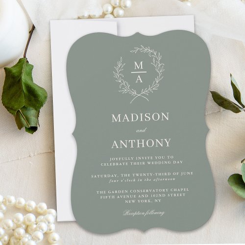 Deep Sage Simple Elegant Monogram Crest Wedding Invitation