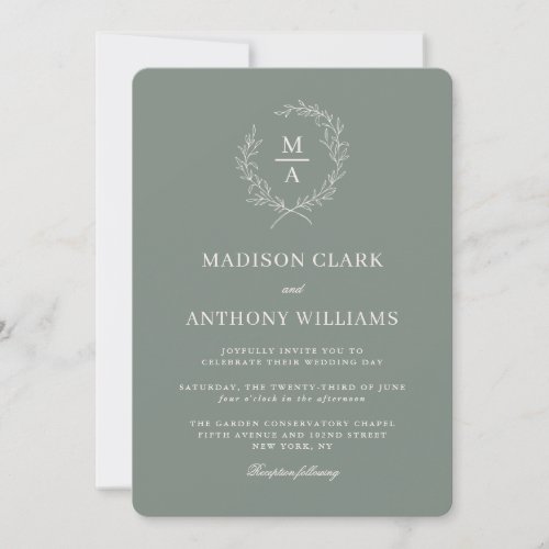Deep Sage Simple Elegant Monogram Crest Wedding Invitation