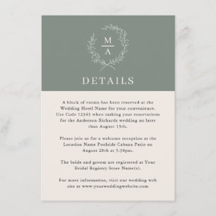 Deep Sage Simple Elegant Monogram Details Enclosure Card