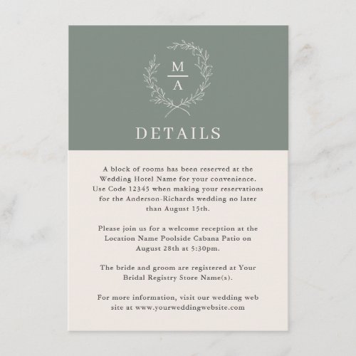 Deep Sage Simple Elegant Monogram Details Enclosure Card