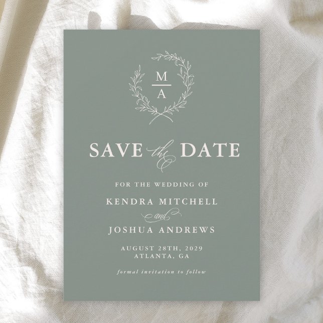 Deep Sage Simple Elegant Monogram Save the Date (Creator Uploaded)