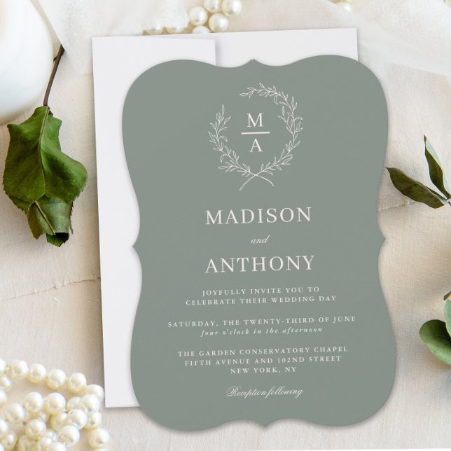 Deep Sage Simple Elegant Monogram Wedding Invitation
