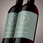 Deep Sage Simple Elegant Monogram Wedding Wine Label<br><div class="desc">This tasteful and classic custom wine label design conveys an elegant look for your wedding or engagement celebration. A simple open laurel wreath of sketched leaves surrounds the monogram initial of the bride and groom. The elegant yet simple text template is ready to personalize with the bride and groom's names...</div>