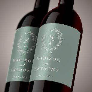 Deep Sage Simple Elegant Monogram Wedding Wine Label