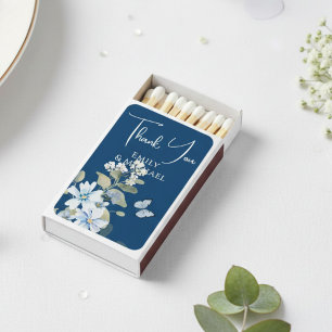Deep Sapphire Blue Floral Thank You Wedding Favor Matchboxes