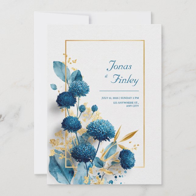 Deep Sapphire Blue Gold Foil Round Flower Invitation (Front)