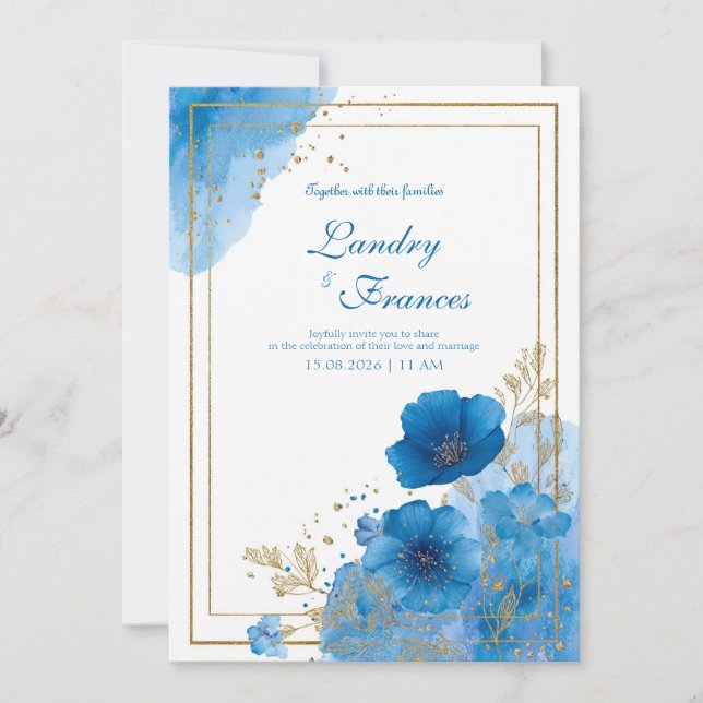 Deep Sapphire Blue Gold Foil Watercolor Floral Invitation (Front)
