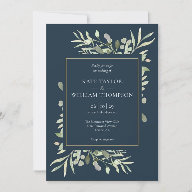 Deep Sea Blue And Gold Greenery Leaves Wedding Invitation (Front)