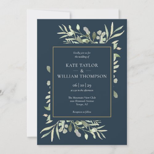 Deep Sea Blue And Gold Greenery Leaves Wedding Invitation