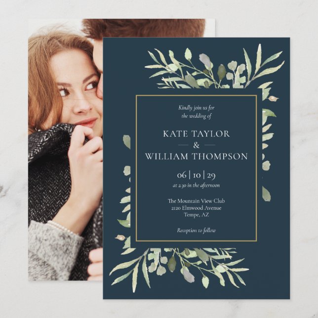 Deep Sea Blue And Gold Photo Greenery Wedding Invitation (Front/Back)