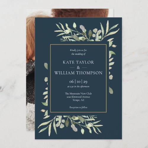 Deep Sea Blue And Gold Photo Greenery Wedding Invitation