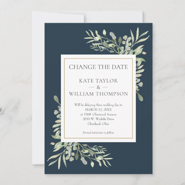 Deep Sea Blue Change the Date Greenery Wedding Save The Date (Front)